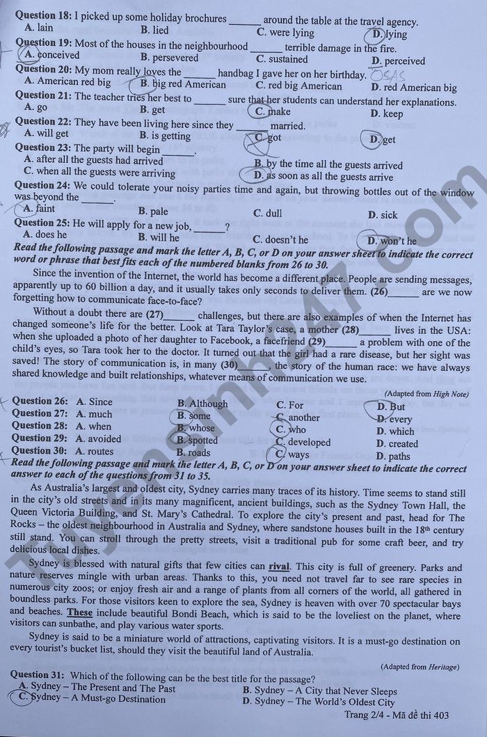 Đáp án đề thi môn Tiếng Anh mã đề 403 kỳ thi THPT Quốc Gia 2022