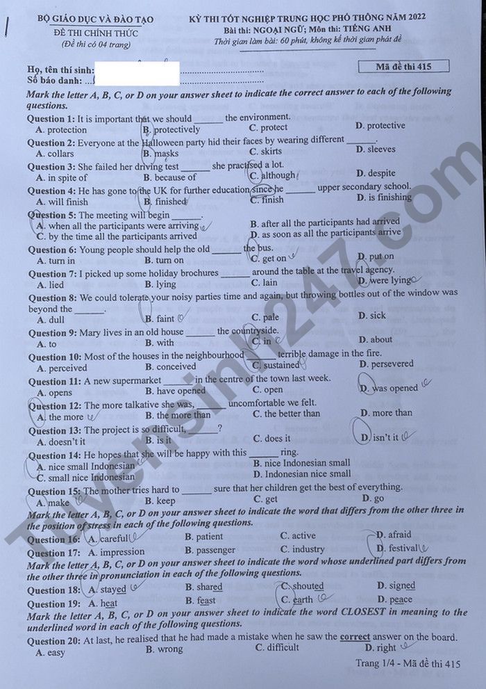 Đáp án đề thi môn Tiếng Anh mã đề 415 kỳ thi THPT Quốc Gia 2022