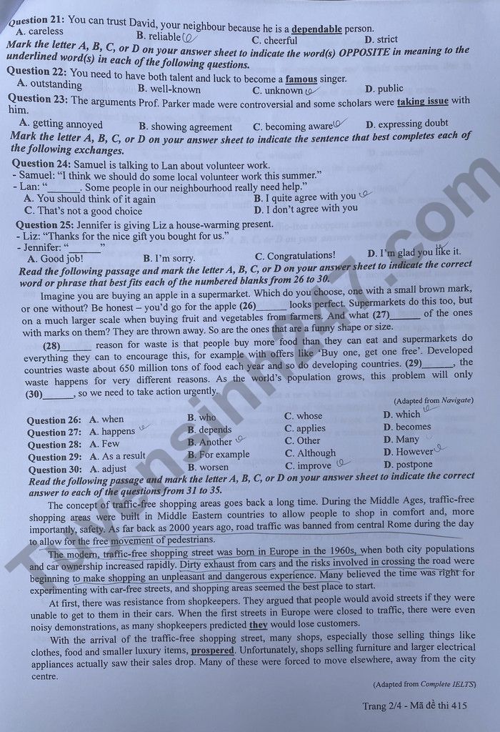 Đáp án đề thi môn Tiếng Anh mã đề 415 kỳ thi THPT Quốc Gia 2022