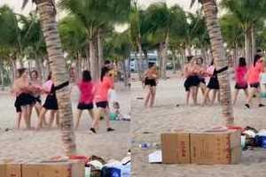 Xôn xao hình ảnh nhóm phụ nữ 'hở bạo' khi chơi team building tại biển Bãi Cháy
