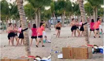 Xôn xao hình ảnh nhóm phụ nữ 'hở bạo' khi chơi team building tại biển Bãi Cháy