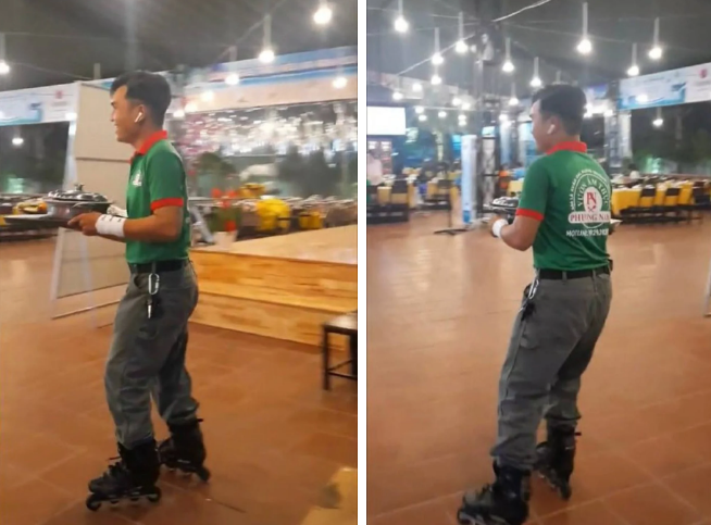 Nhà hàng Việt: Nhân viên lướt xe điện, trượt patin phục vụ