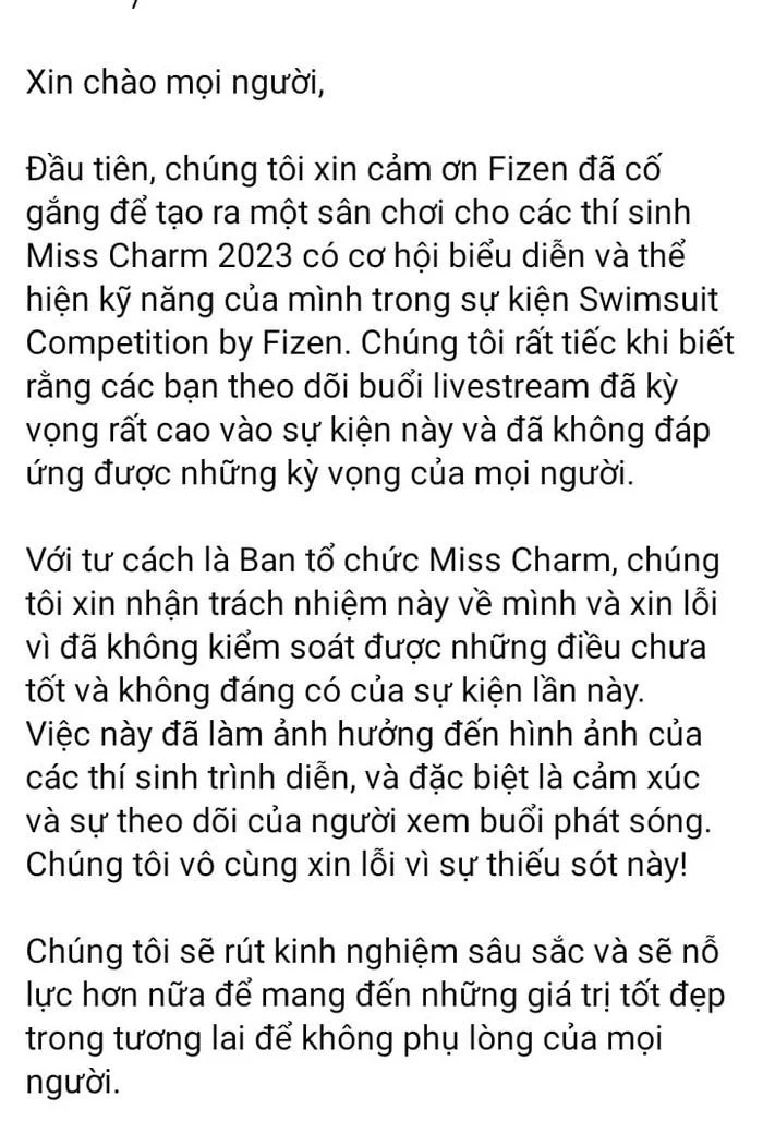 Bị chỉ trích vì tổ chức vòng thi áo tắm thiếu chuyên nghiệp, BTC Miss Charm 2023 lên tiếng xin lỗi  