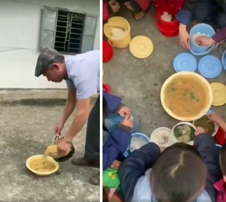 Xác minh clip người đàn ông đổ canh vào bát đặt dưới đất cho học sinh ăn