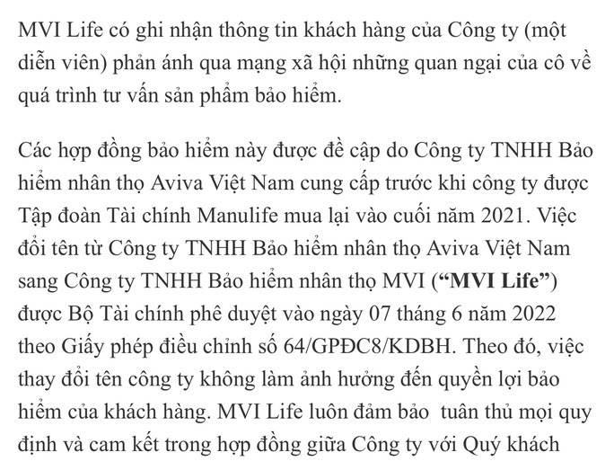 Bộ Tài chính chỉ đạo rà soát hợp đồng bảo hiểm của diễn viên Ngọc Lan, Công ty MVI Life lên tiếng