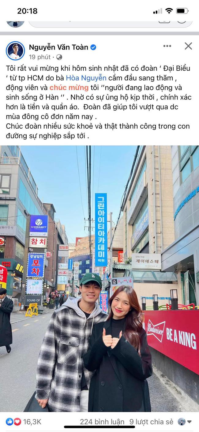 Ca sĩ Hòa Minzy bất ngờ thăm Văn Toàn tại Hàn Quốc