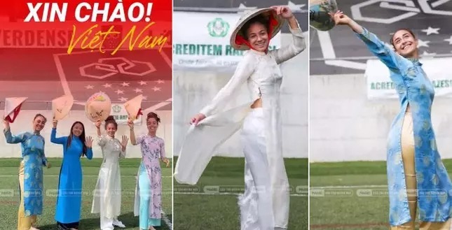 Huỳnh Như và các đồng đội CLB Lank diện áo dài Việt Nam