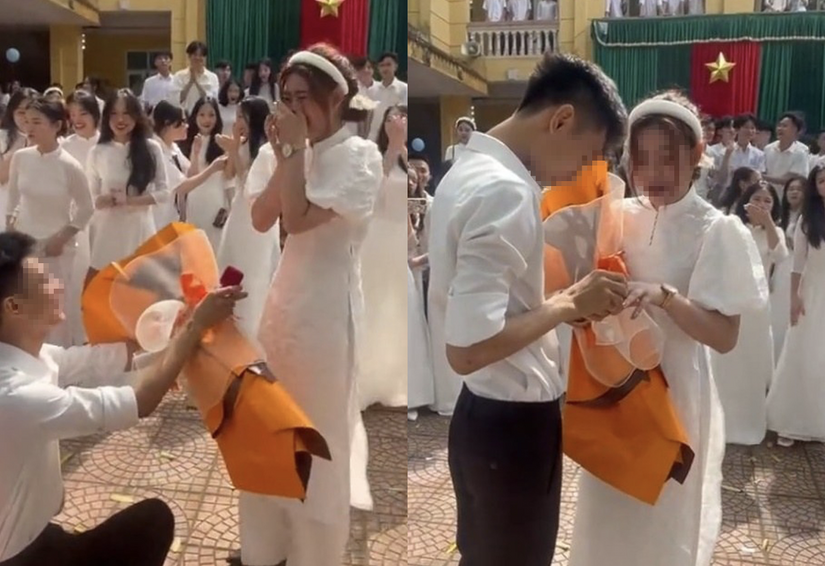 Xôn xao clip nữ sinh được trao nhẫn tỏ tình, hôn trong lễ bế giảng