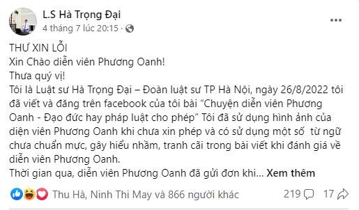 Luật sư của vợ cũ Shark Bình lên tiếng xin lỗi diễn viên Phương Oanh