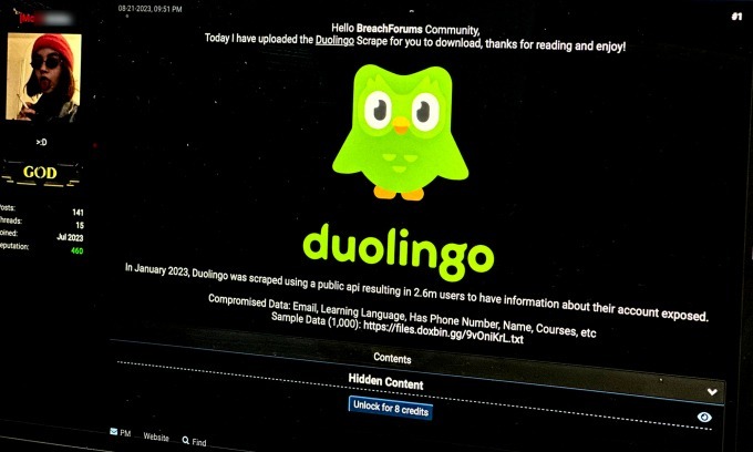 Dữ liệu 2,6 triệu người dùng DuoLingo bị phát tán miễn phí 