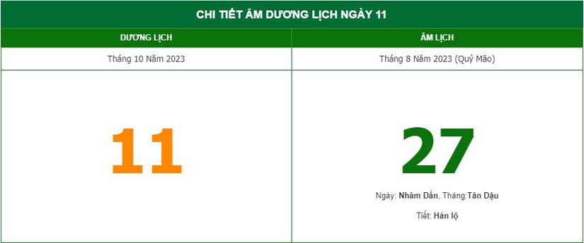 Lịch âm 11/10 - Âm lịch hôm nay ngày 11/10/2023 chính xác nhất