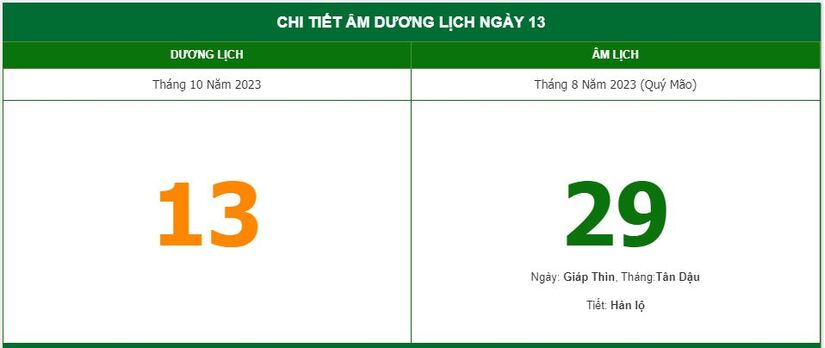 Lịch âm 13/10 - Âm lịch hôm nay ngày 13/10 chính xác nhất