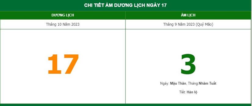 Lịch âm 17/10 - Âm lịch hôm nay ngày 17/10 chính xác nhất