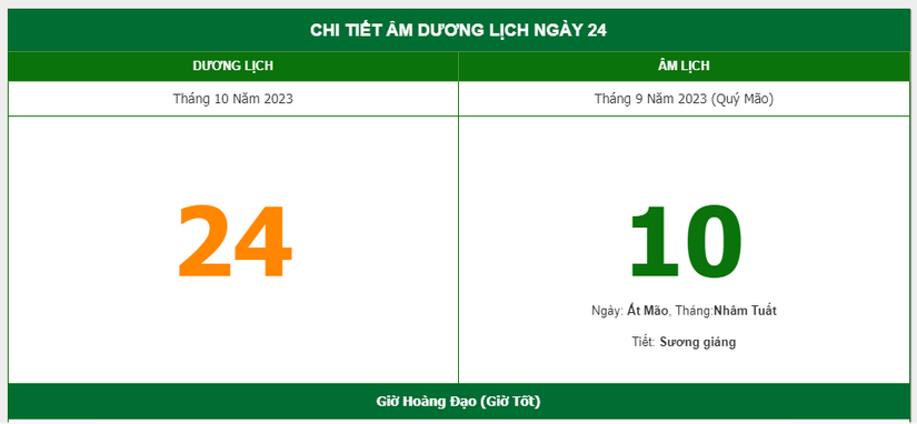 Lịch âm 24/10 - Âm lịch hôm nay ngày 24/10 chính xác nhất