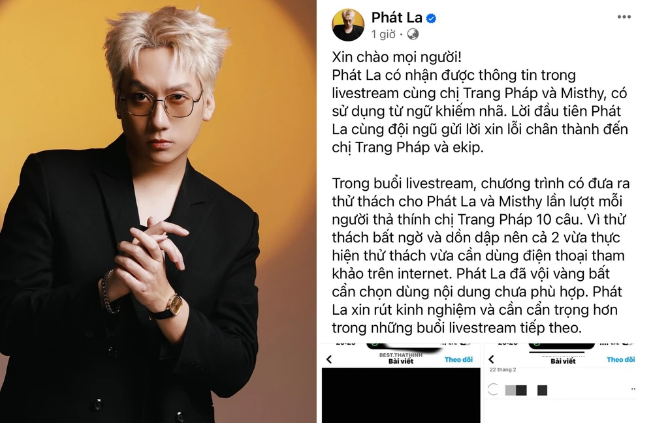 Phát La xin lỗi vụ dùng từ khiếm nhã, kém duyên với đàn chị trên sóng livestream