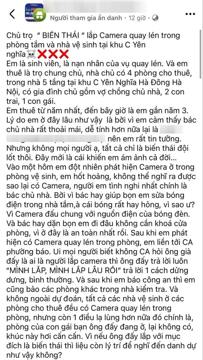 Công an lên tiếng vụ chủ nhà trọ tại Hà Nội lắp camera quay lén trong phòng tắm nữ sinh