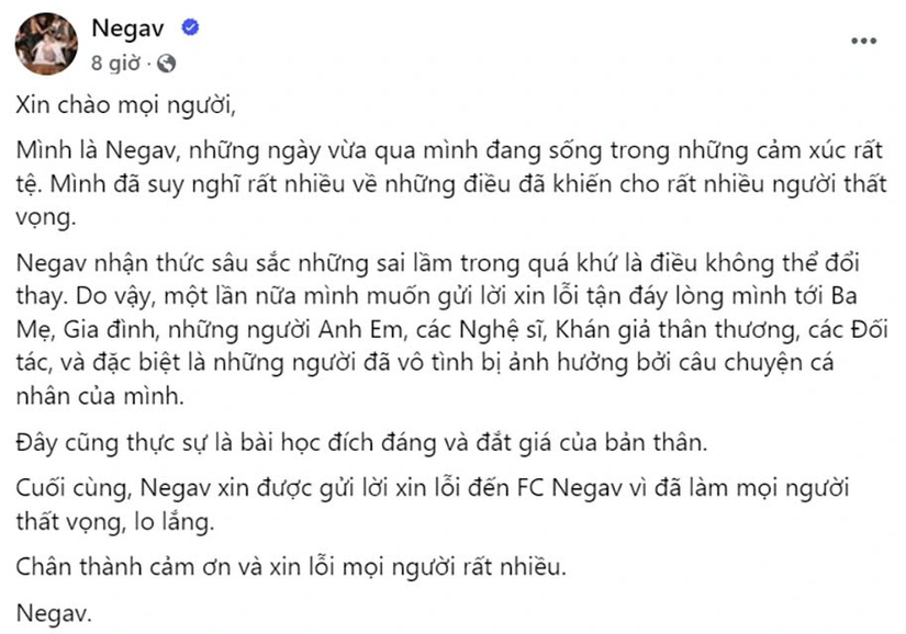 Negav khóa trang cá nhân, tiếp tục lên tiếng xin lỗi vì liên quan đến nhóm nhạy cảm