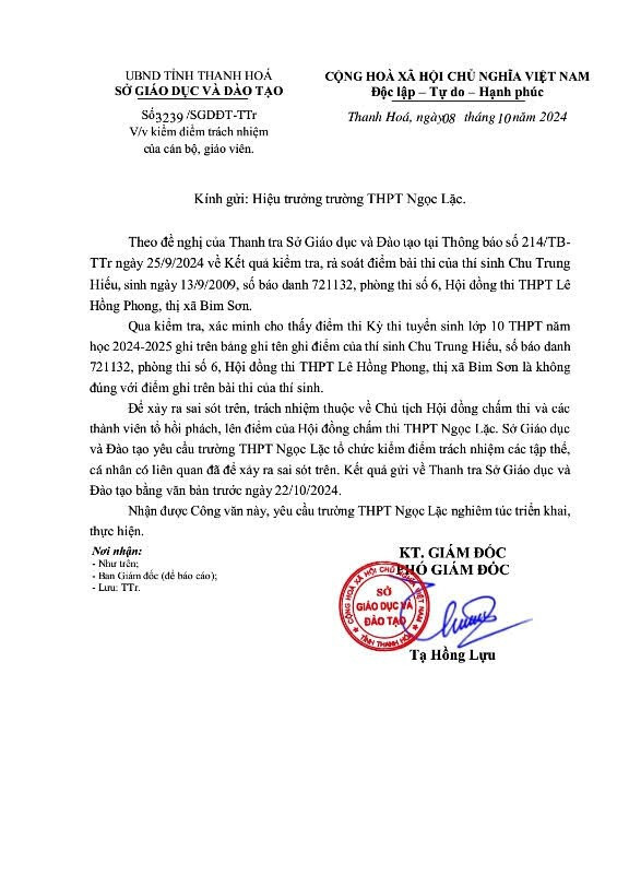 Thanh Hóa: Chủ tịch hội đồng chấm thi lớp 10 xin lỗi phụ huynh và thí sinh