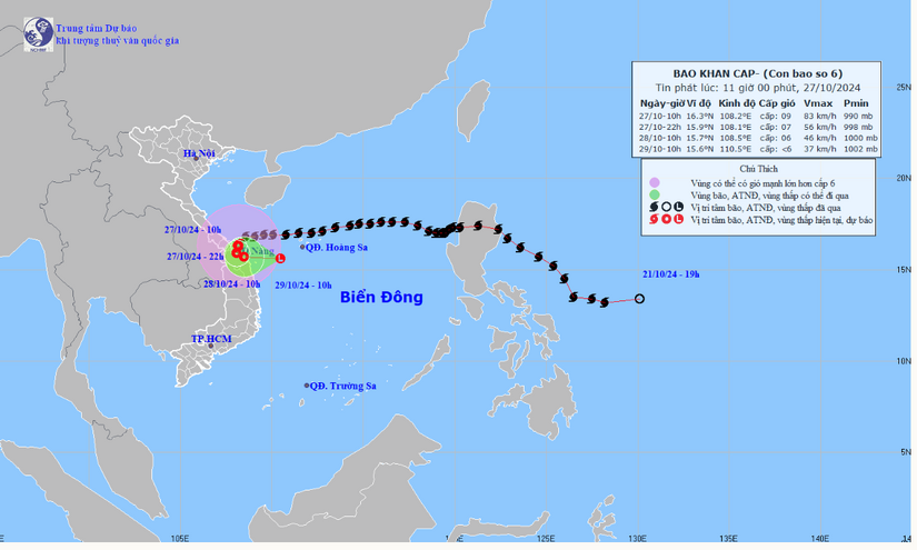 Bão số 6 gây mưa to đến rất to từ Quảng Bình đến Quảng Nam
