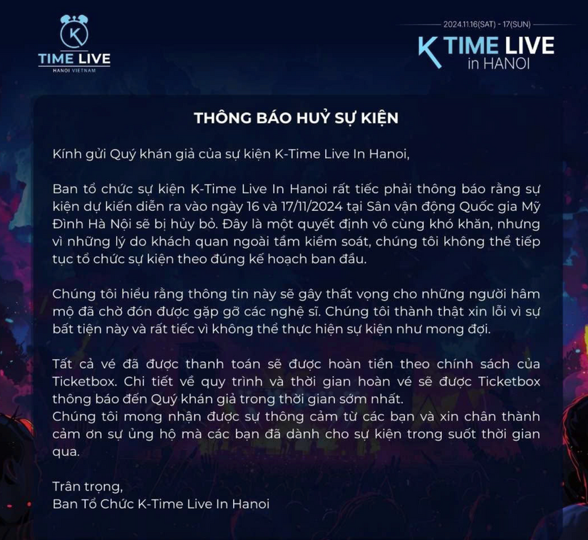 Đêm nhạc quy tụ hàng loạt thần tượng Hàn Quốc tại Hà Nội thông báo hủy diễn, hoàn tiền vé