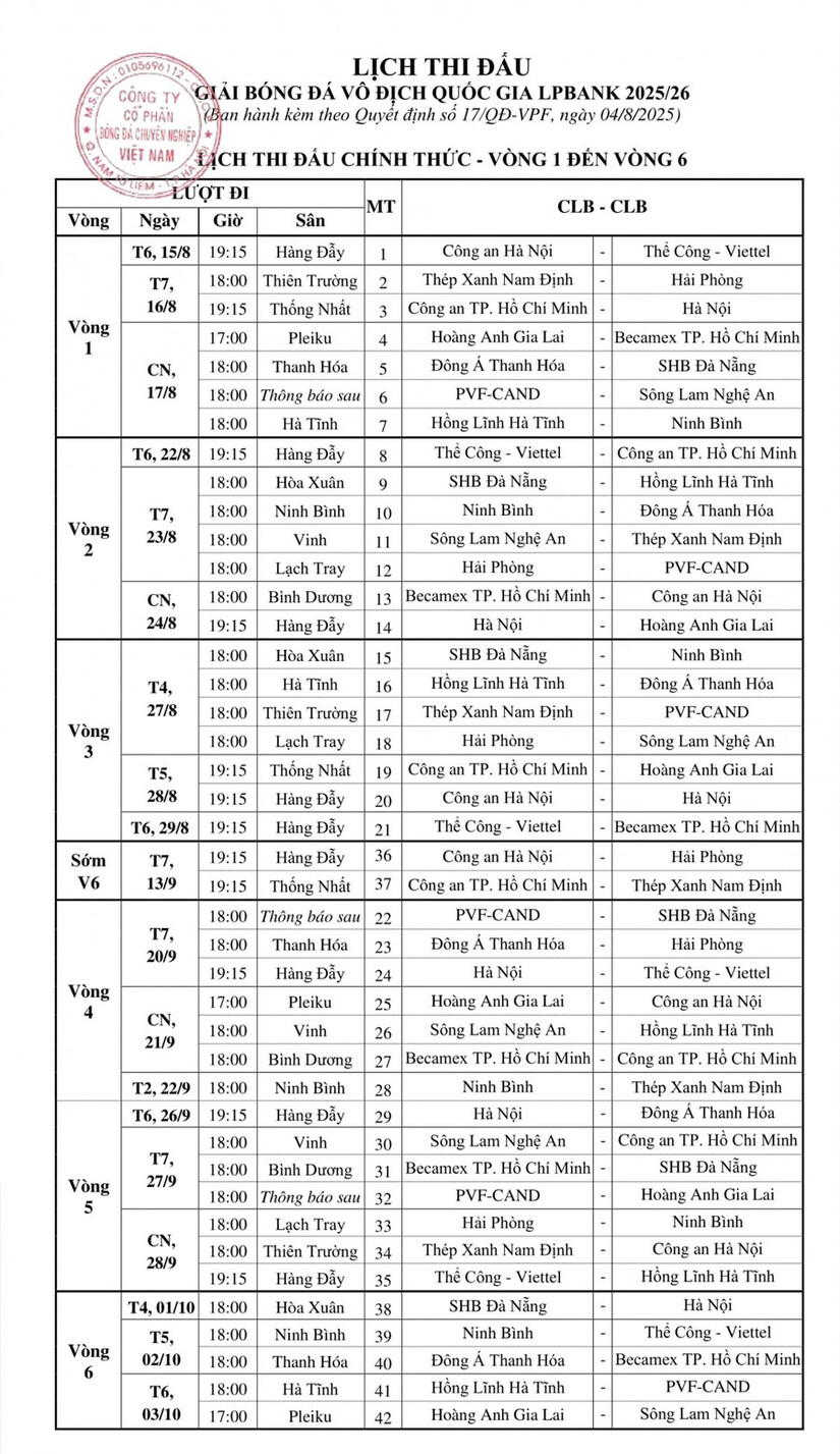 Lịch thi đấu vòng 1 đến vòng 6 V-League 2025/2026