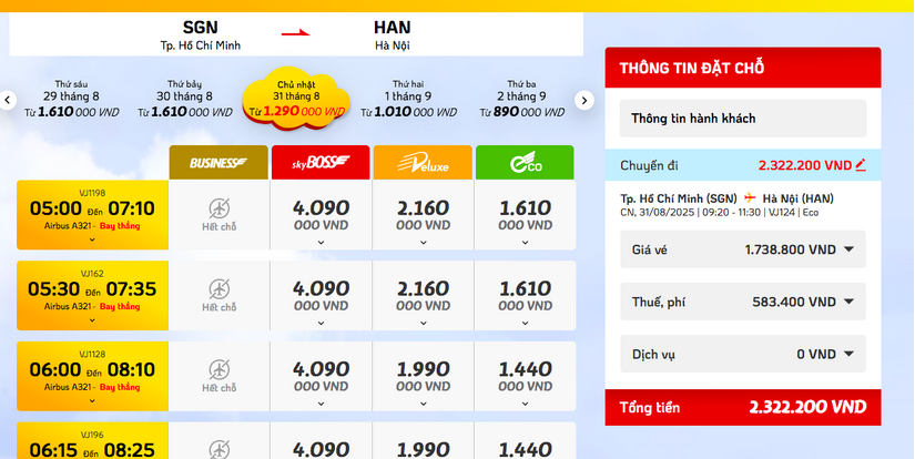 Giá vé máy bay đang tăng theo từng ngày dịp nghỉ lễ 2/9