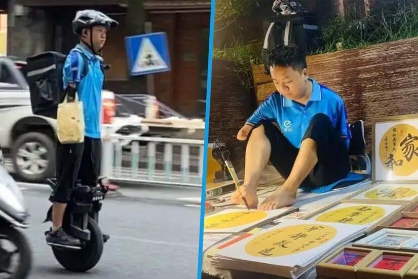 Chàng trai không tay giao đồ ăn bằng xe đạp một bánh, dùng môi điều khiển điện thoại