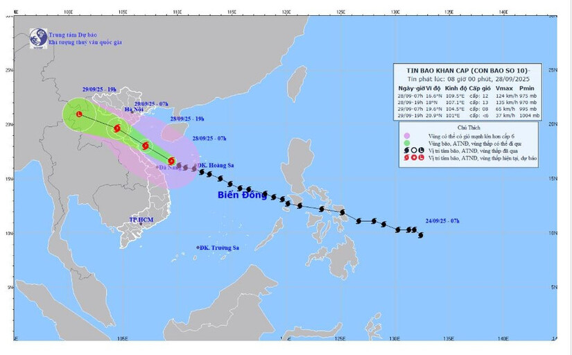 Bão Bualoi di chuyển gần gấp đôi tốc độ trung bình, cách TP Huế khoảng 170km