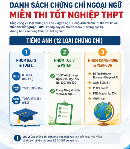 22 chứng chỉ được miễn thi Ngoại ngữ tốt nghiệp THPT 2026