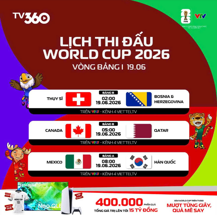 Lịch thi đấu và phát sóng trực tiếp World Cup 2026 trên VTV ngày 19/6