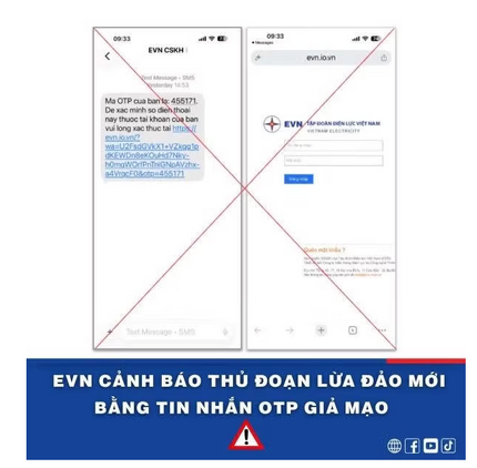 Tập đoàn Điện lực Việt Nam cảnh báo thủ đoạn lừa đảo mới bằng tin nhắn OTP giả mạo