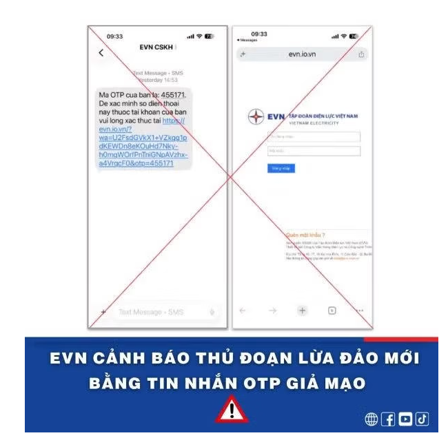 Tập đoàn Điện lực Việt Nam cảnh báo thủ đoạn lừa đảo mới bằng tin nhắn OTP giả mạo