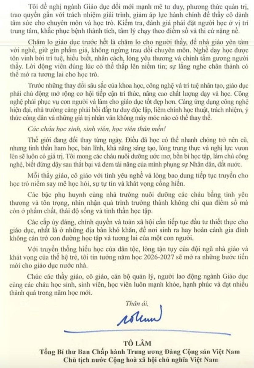 Thư của Tổng Bí thư, Chủ tịch nước gửi ngành Giáo dục nhân dịp Khai giảng năm học mới 2026-2027