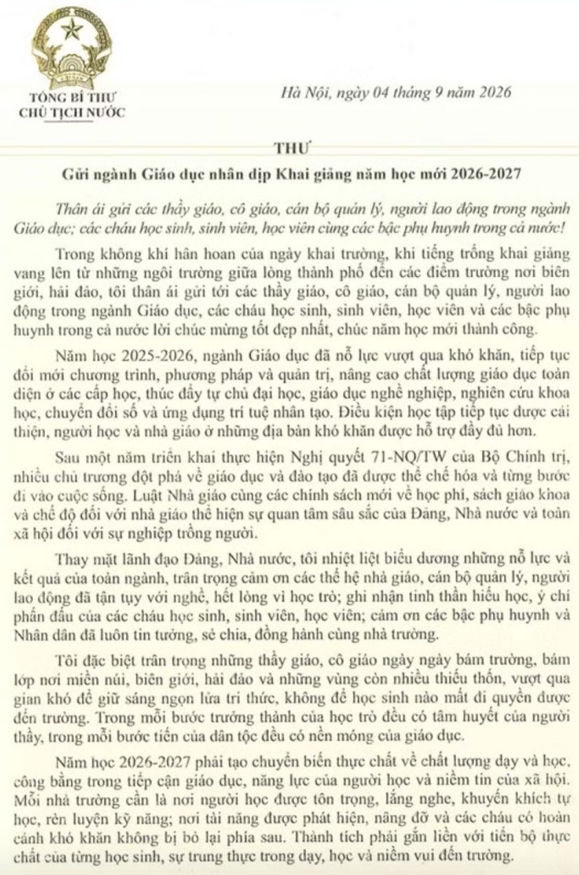 Thư của Tổng Bí thư, Chủ tịch nước gửi ngành Giáo dục nhân dịp Khai giảng năm học mới 2026-2027