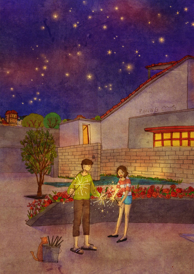 Cảnh đốt pháo bông trong bộ tranh tình yêu lãng mạn của họa sĩ Puung