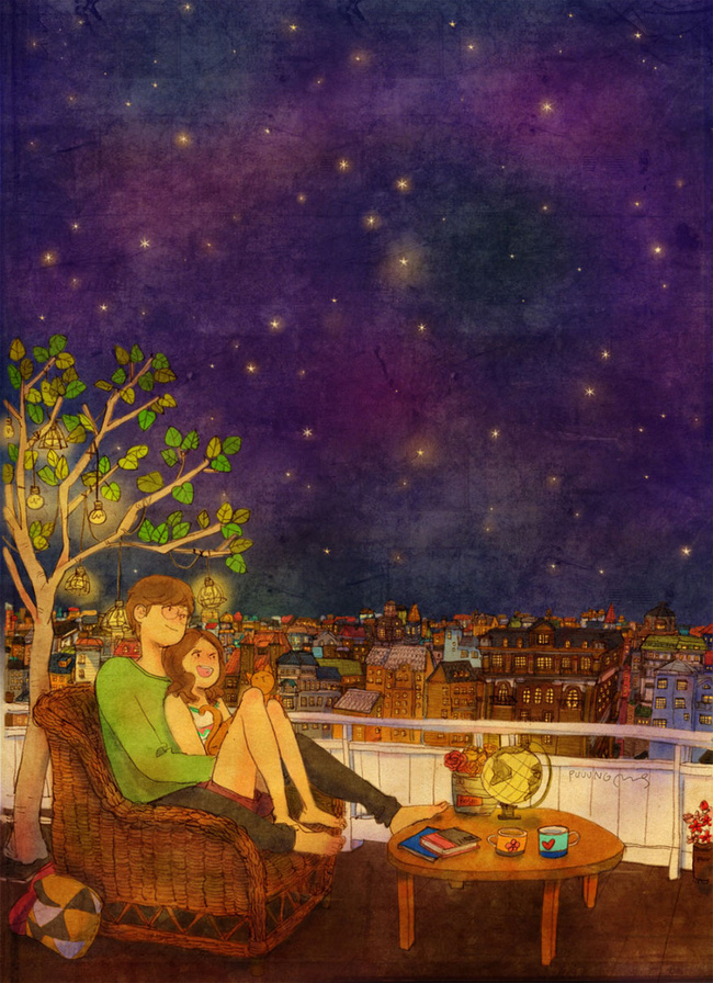 Cảnh ngắm sao trên ban công trong bộ tranh tình yêu lãng mạn của họa sĩ Puung